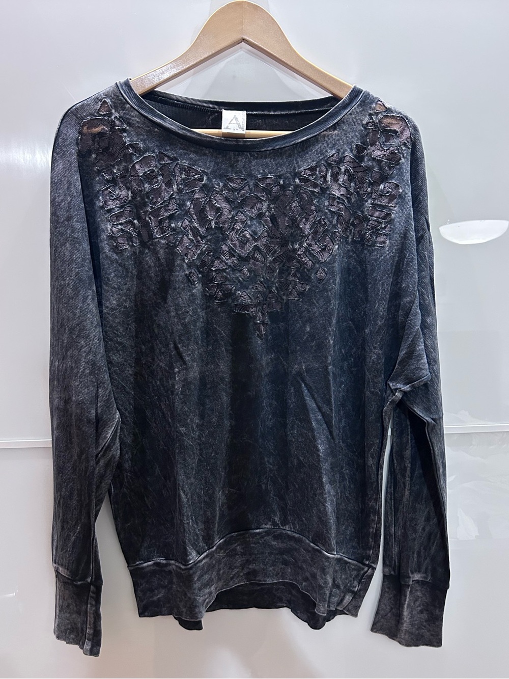 Distressed Black and Grey Pullover with Lace Applique